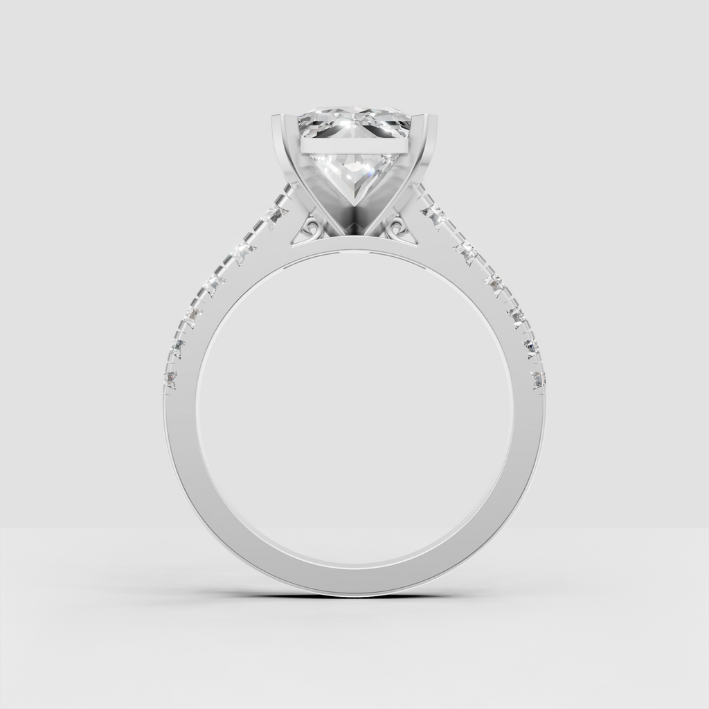 Modern radiant diamond engagement ring with continuous shoulder sparkle