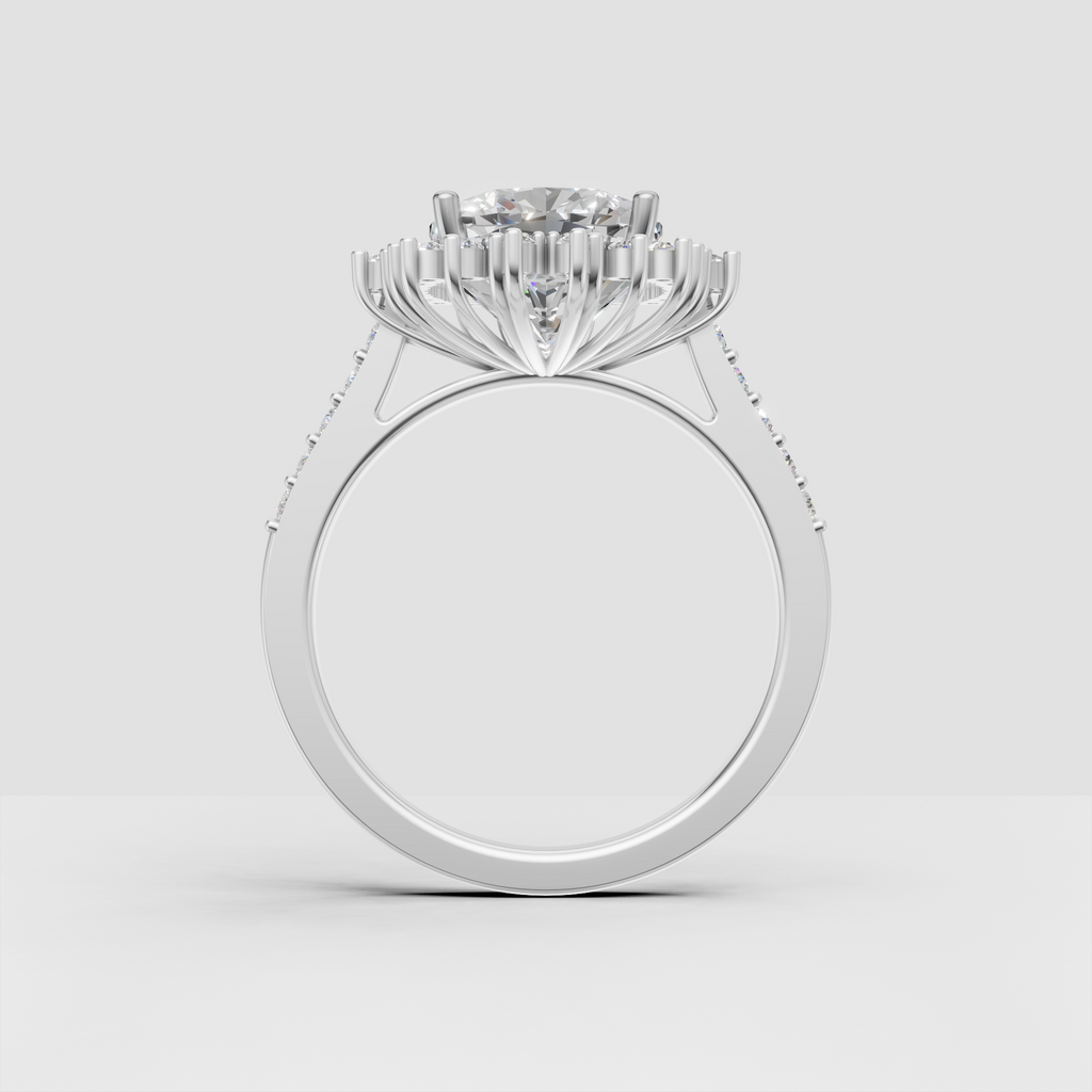 Cushion cut diamond ring featuring detailed multi-stone halo
