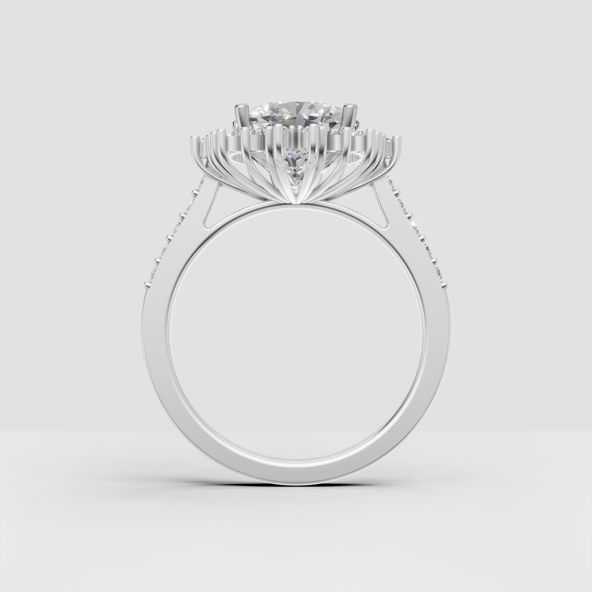 Cushion cut diamond ring featuring detailed multi-stone halo