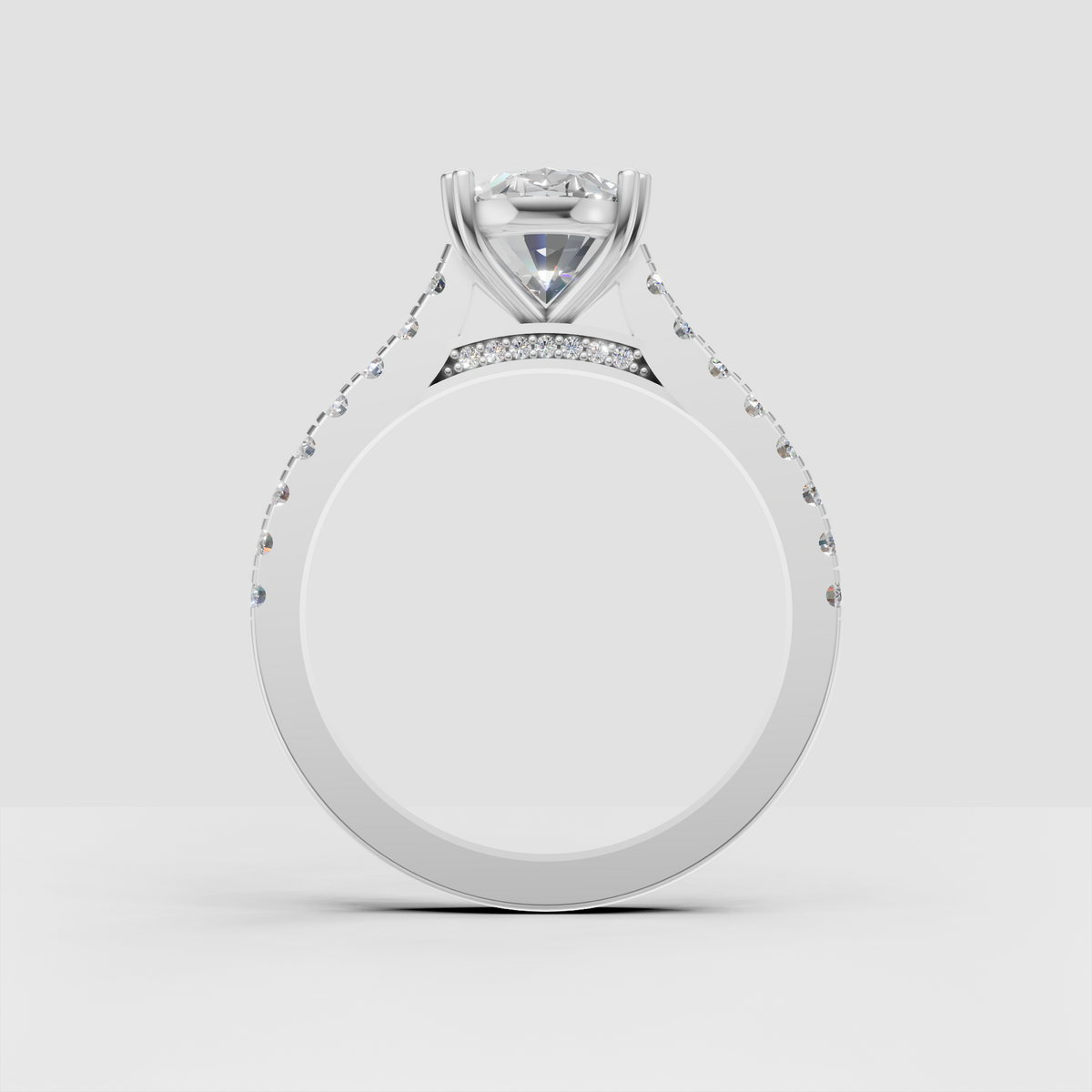 Luxury oval diamond engagement ring with cathedral-style profile
