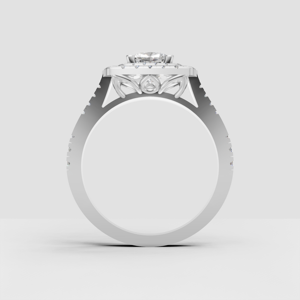 Cushion cut diamond ring featuring four-prong raised setting and triple halo