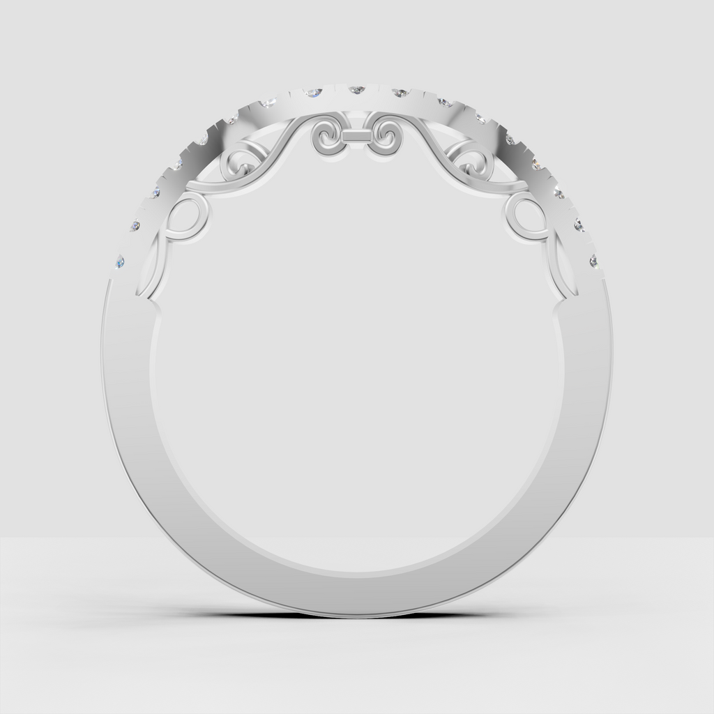 Vintage filigree diamond band featuring a curved row of brilliant round stones