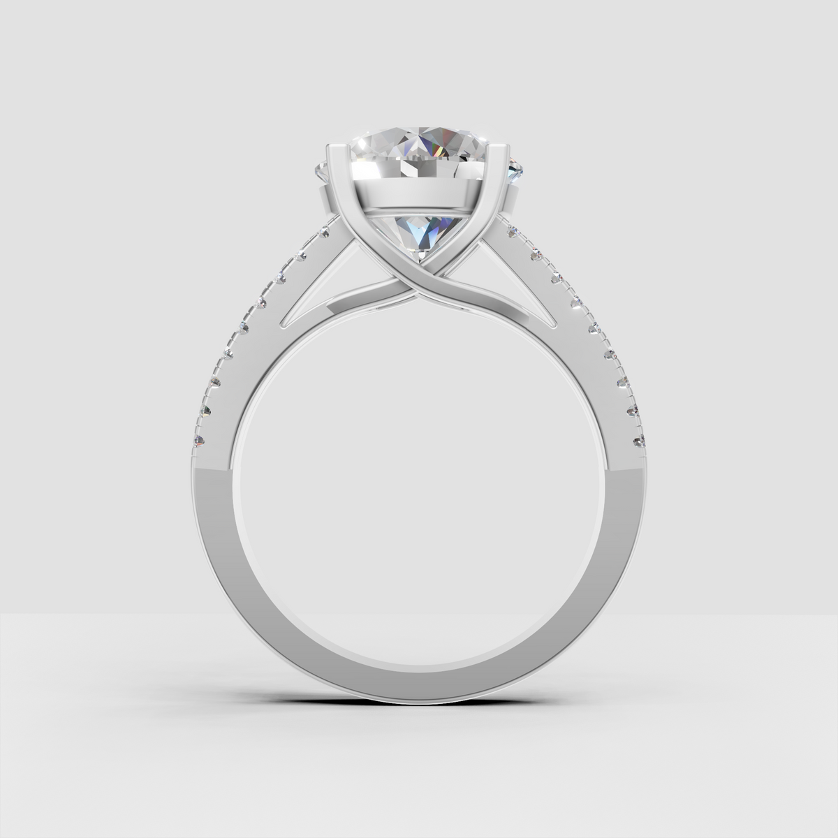 Modern round diamond engagement ring with crossover basket setting