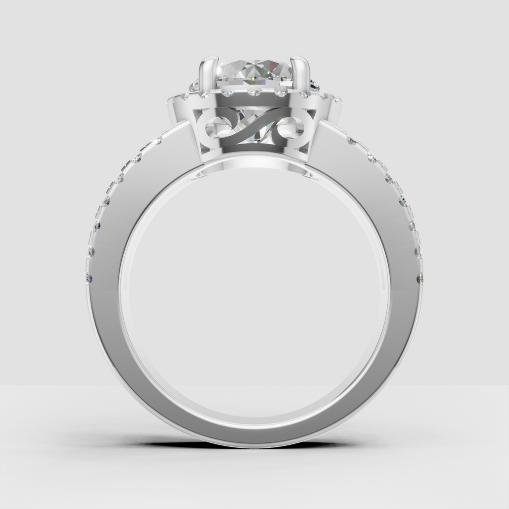 Round cut halo diamond ring featuring double row pave shoulders