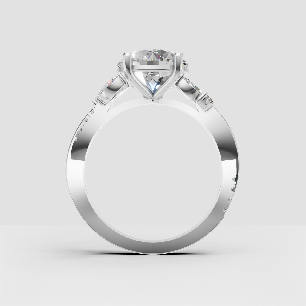 Modern round engagement ring with sparkling pave-set twisted shoulders