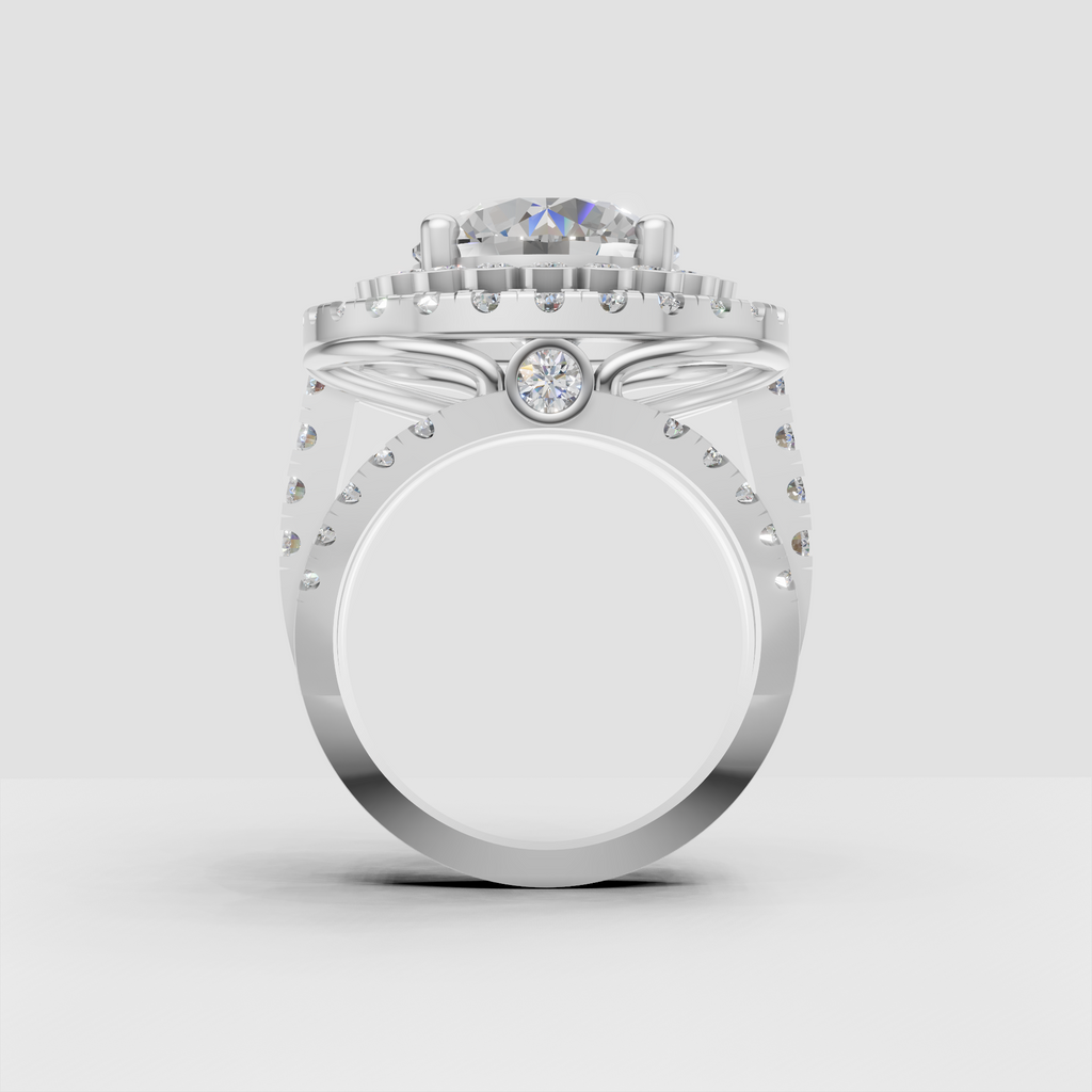 Round center diamond ring with scalloped inner halo and outer diamond halo