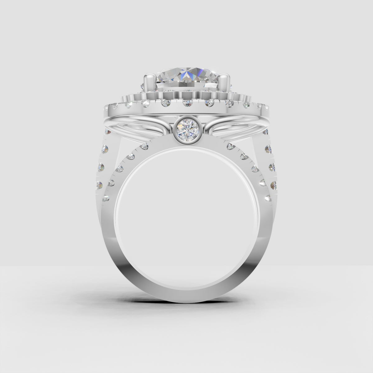 Round center diamond ring with scalloped inner halo and outer diamond halo