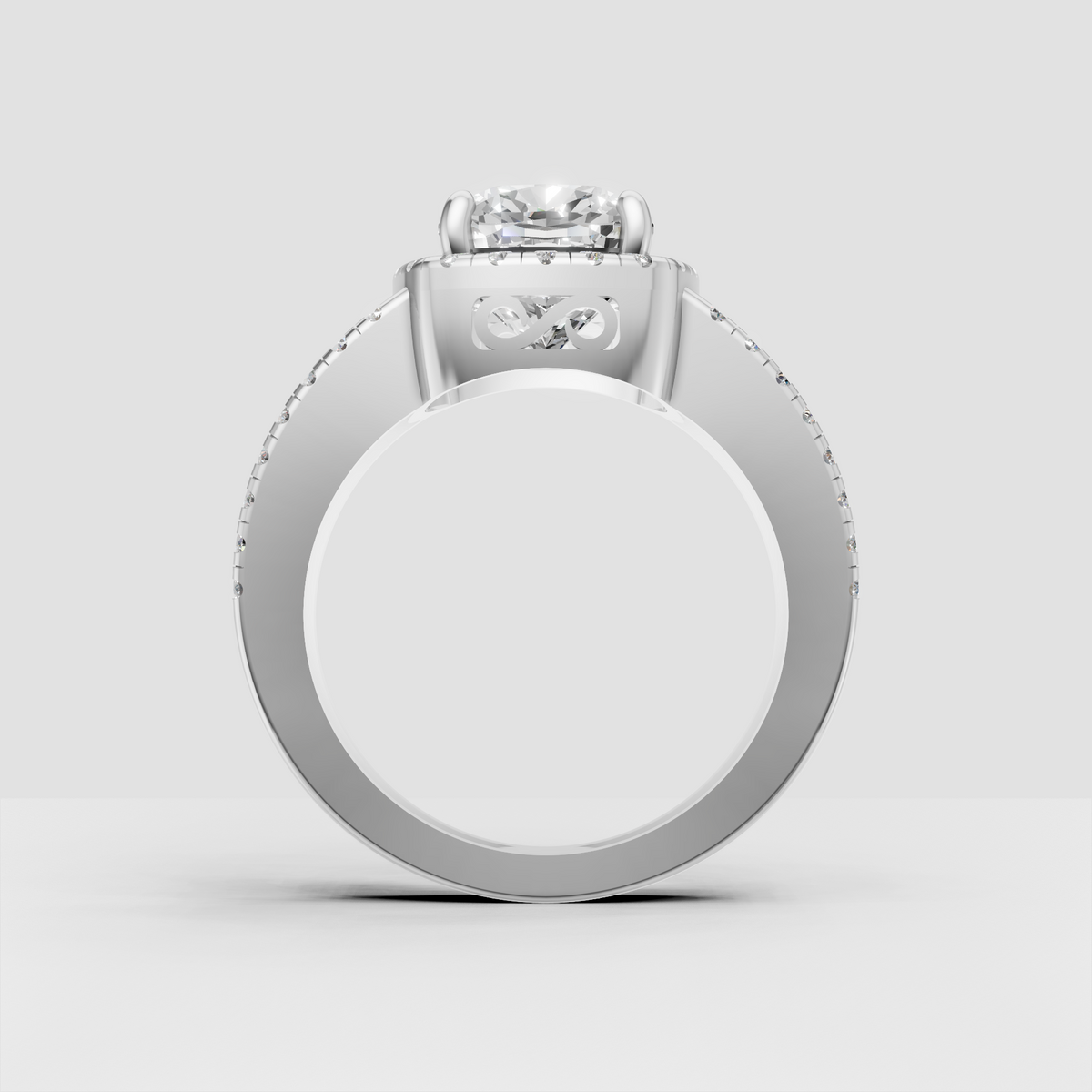 Cushion engagement ring with split shank