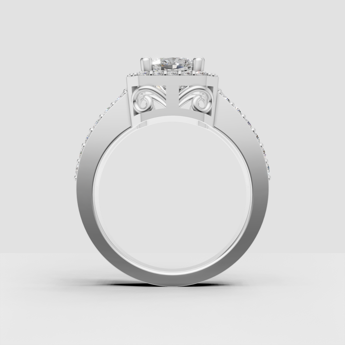 Elegant cushion diamond ring with split-shank shoulders