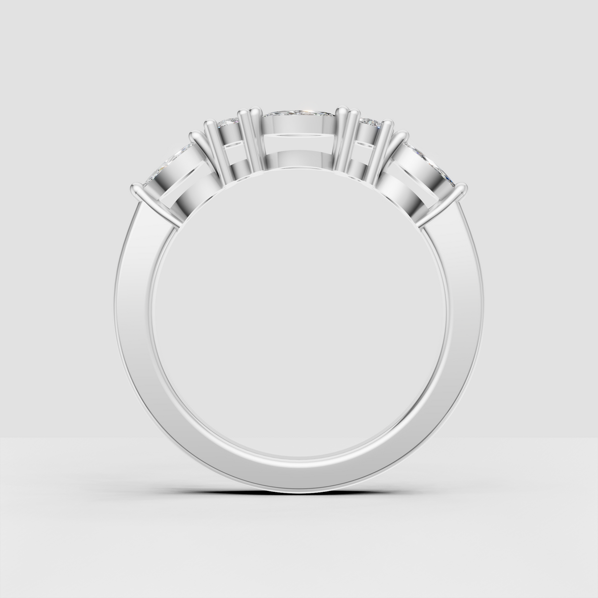 Five-stone diamond ring featuring an elongated marquise center
