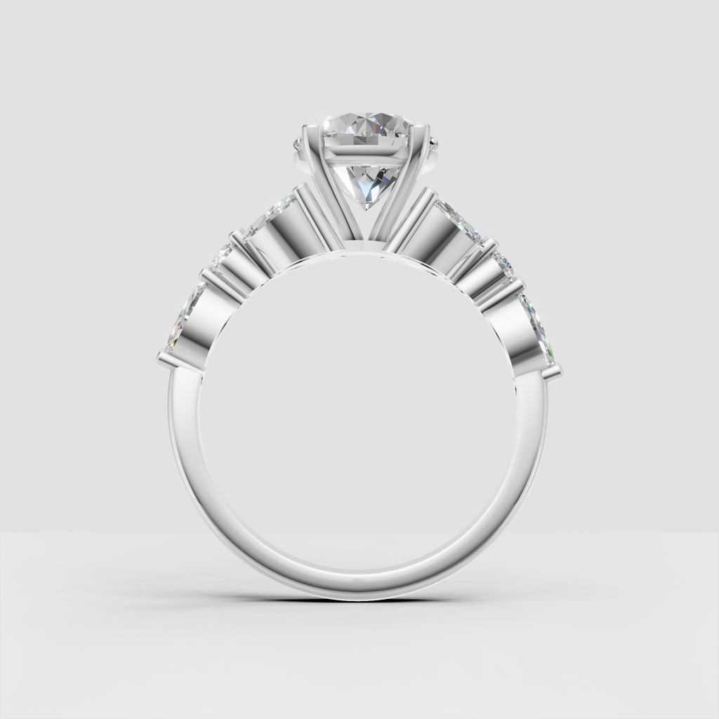 Round cut diamond cluster ring with polished gold band and marquise accents