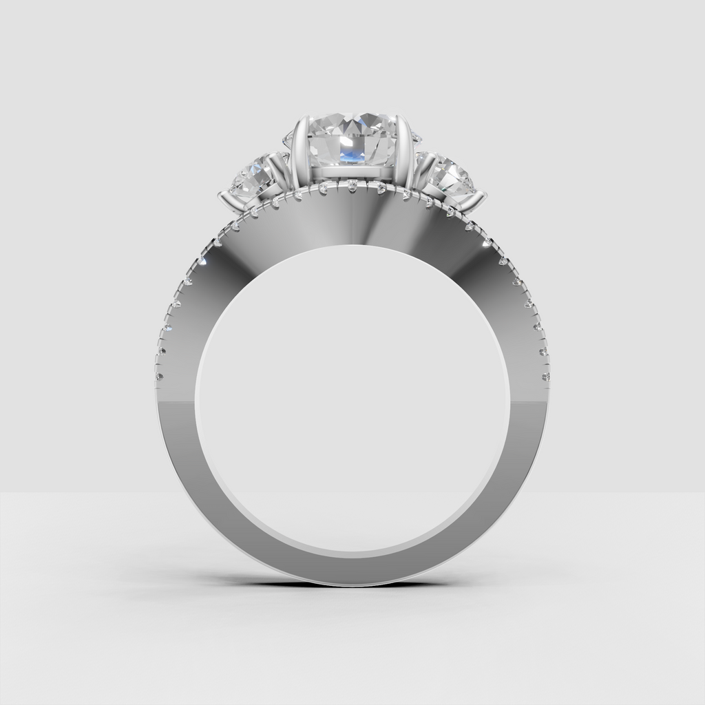 Three stone engagement ring with double halo diamond setting