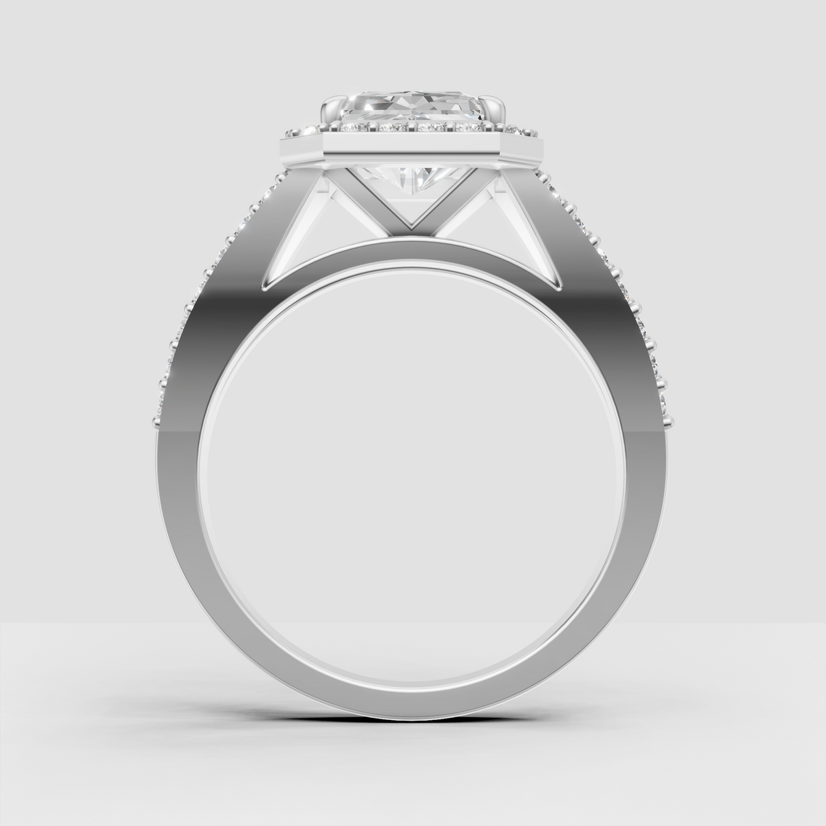Cathedral radiant diamond ring with pave-set split shoulders