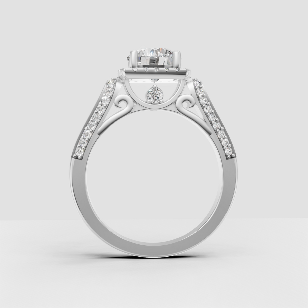 Four-prong round diamond engagement ring with diamond-encrusted halo
