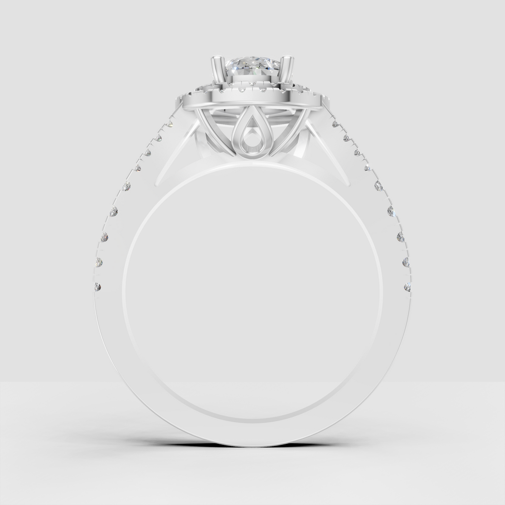 Side view of pear-shaped Diamond engagement ring with open cathedral gallery