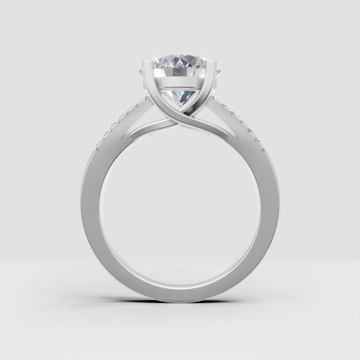 Luxury round diamond engagement ring with detailed pave shoulders