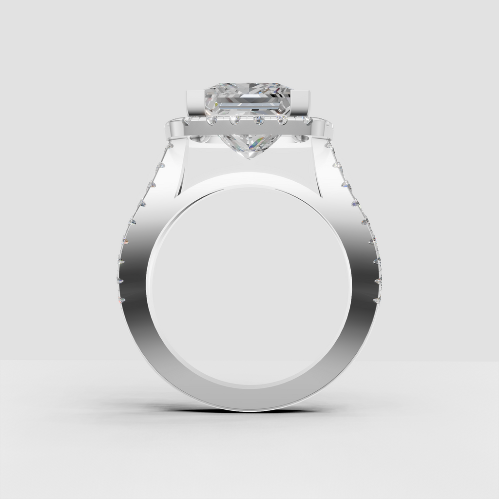 Princess cut center diamond surrounded by a double row halo