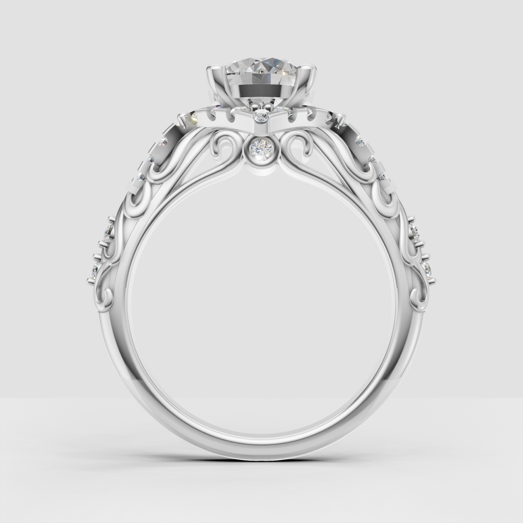 Ornate round cut diamond engagement ring with pave accent stones