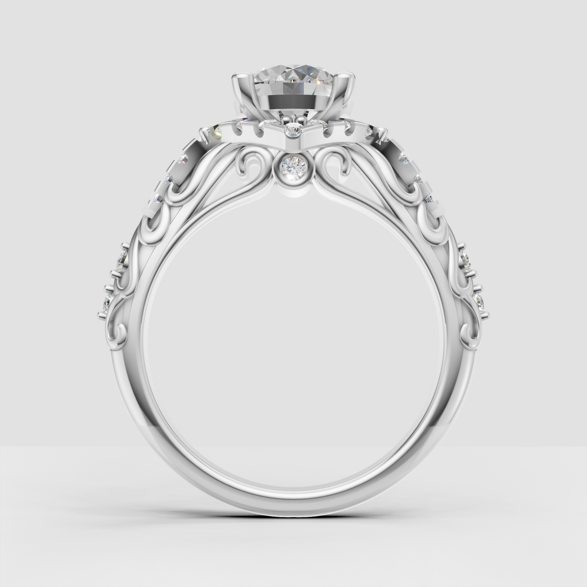 Ornate round cut diamond engagement ring with pave accent stones