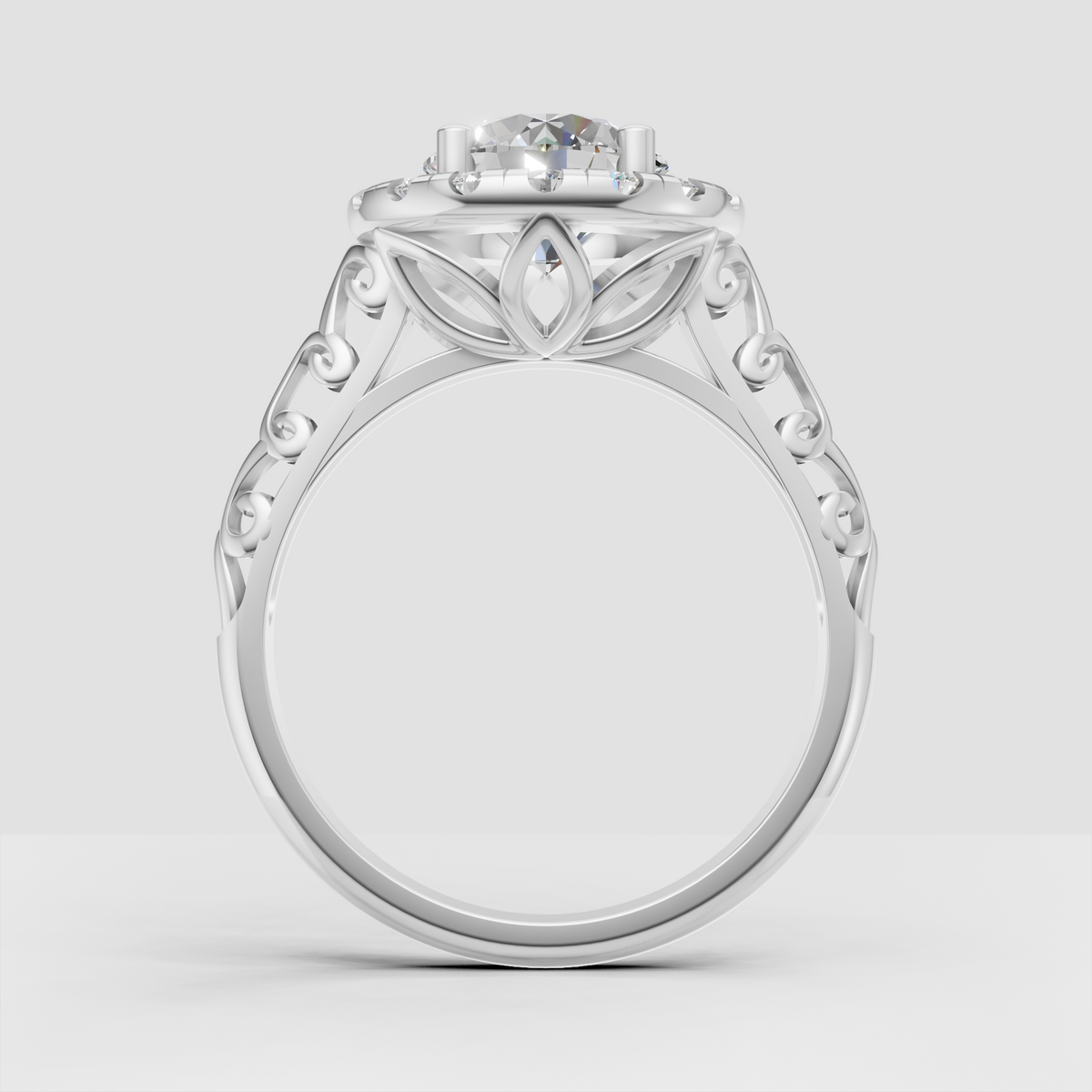 Round diamond halo engagement ring with intricate gallery design