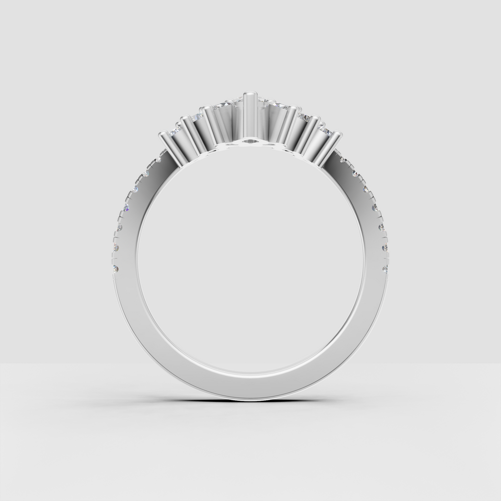 Vintage-inspired curved wedding band with marquise and round diamonds