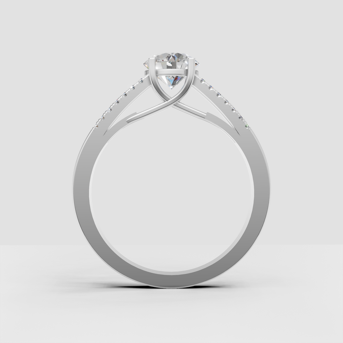 Round diamond engagement ring with open gallery and split shank