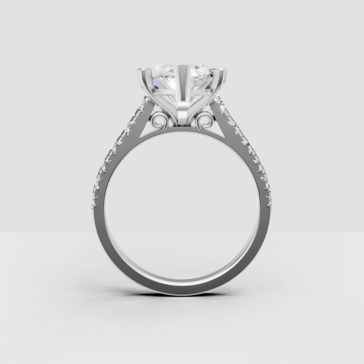 Front view of marquise cut diamond engagement ring with yellow gold setting