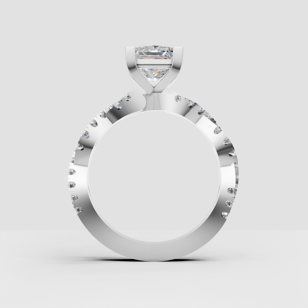 Princess cut diamond ring with four-prong setting and split band