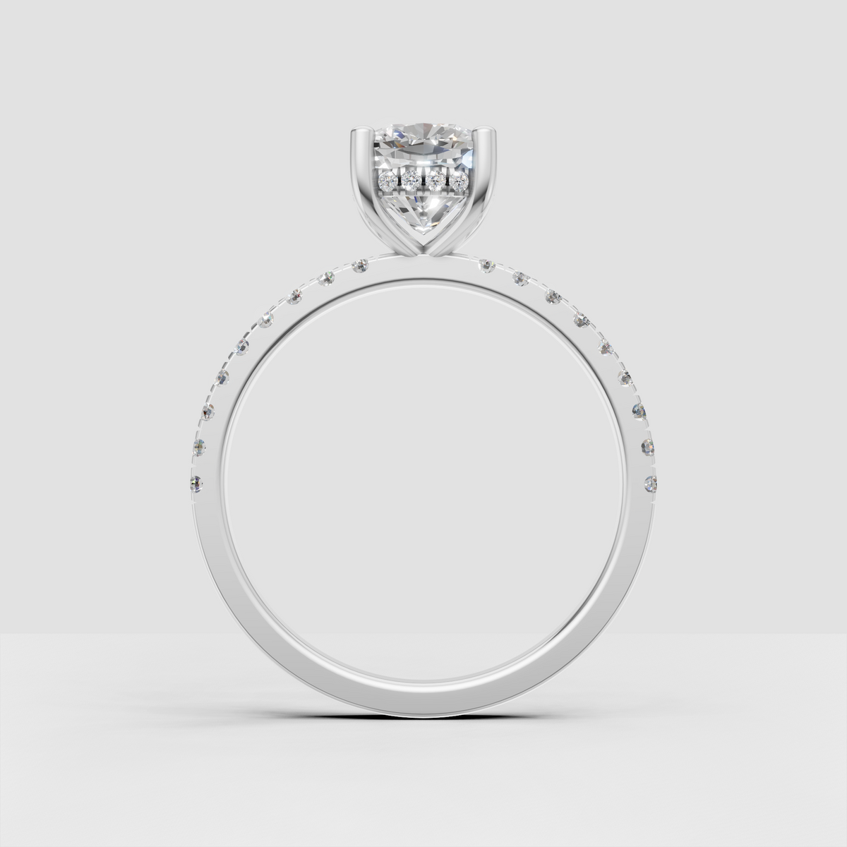 Yellow gold cushion diamond engagement ring viewed from front