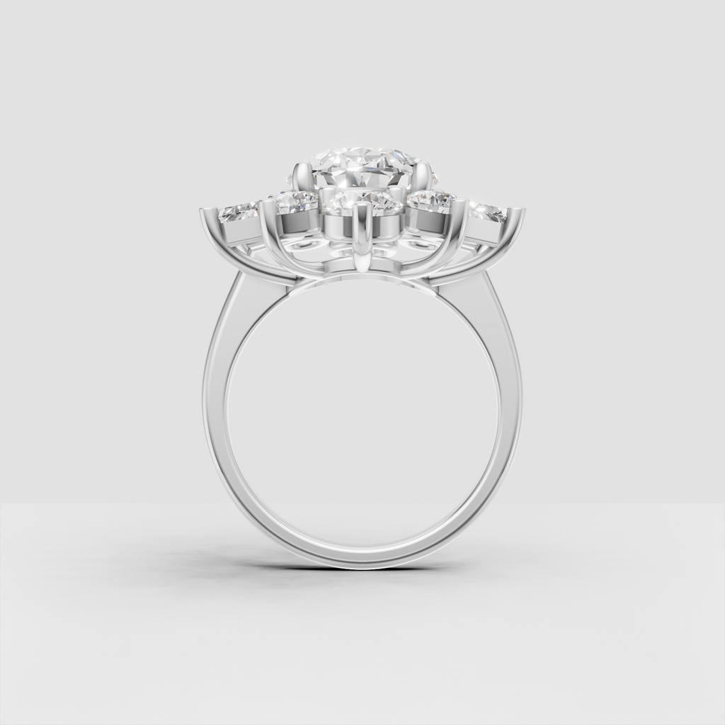 Oval cut flower cluster ring with baguette diamond petals