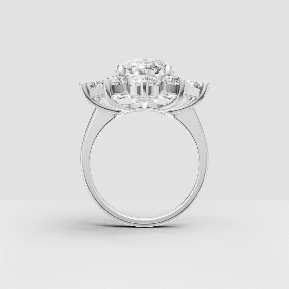 Oval cut flower cluster ring with baguette diamond petals