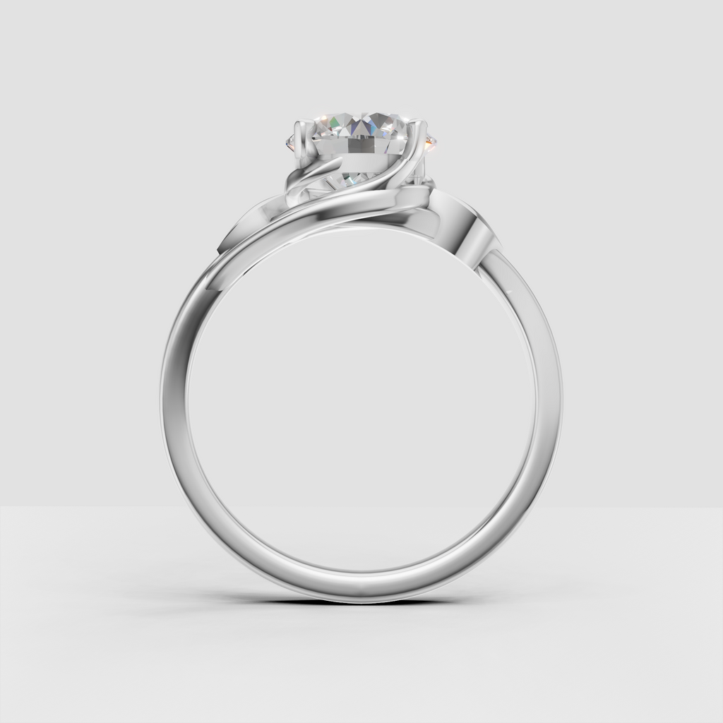 Round diamond ring featuring graceful leaf shaped band detailing