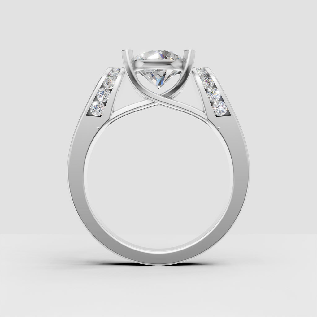 Round center diamond ring with architectural crossover band