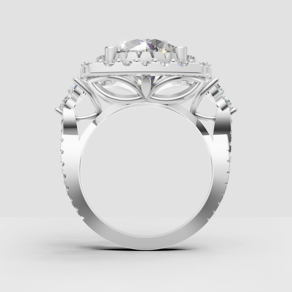 Round brilliant center stone with double-layered diamond halo appearance