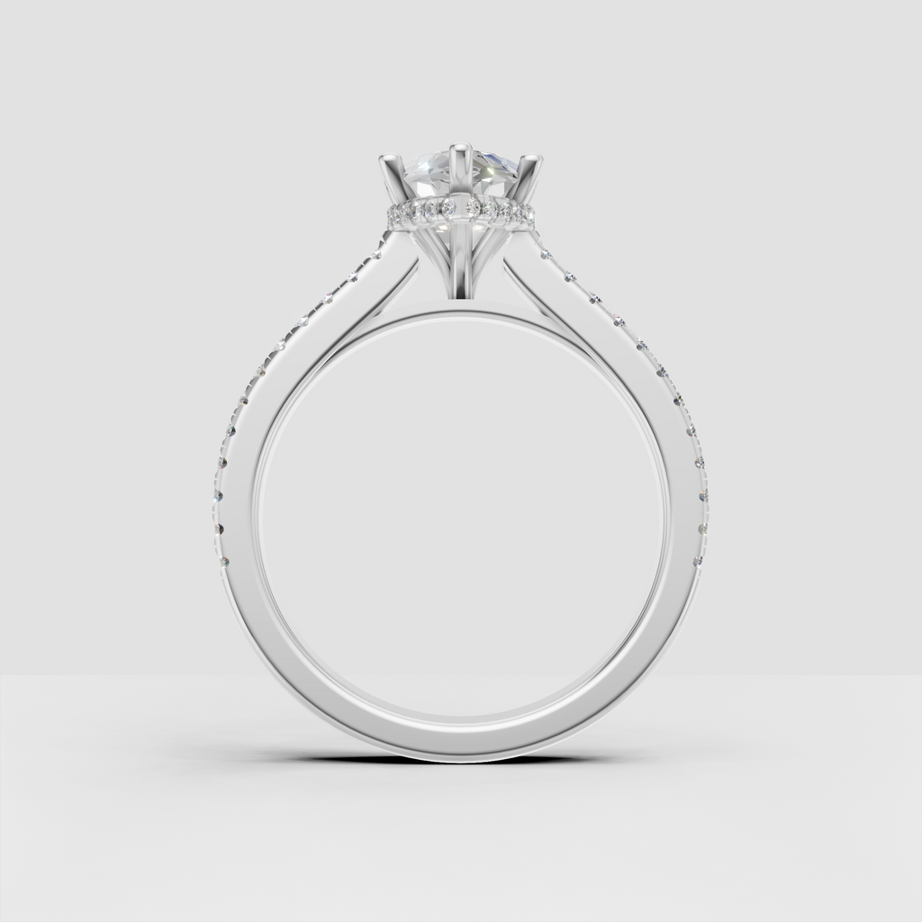 Side view of marquise diamond engagement ring with open gallery setting