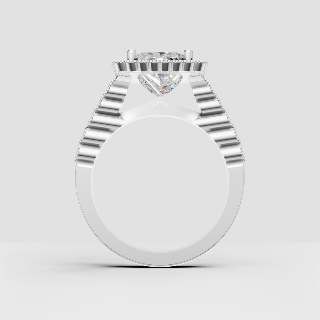 Vintage halo engagement ring with square canter diamond and ornate pave band