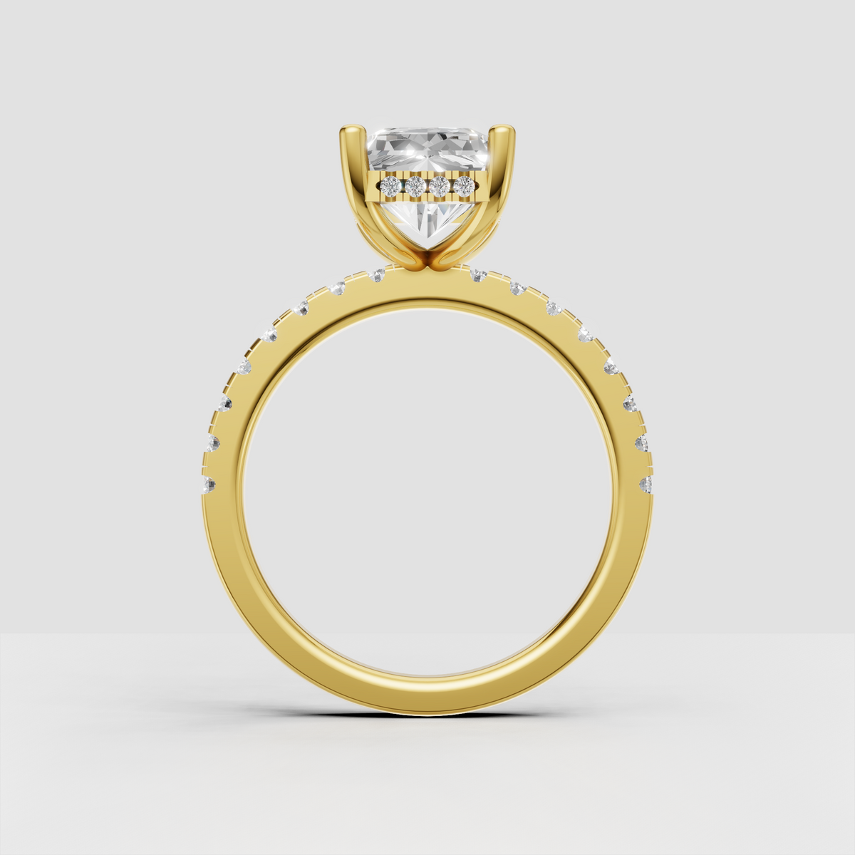 Elongated radiant cut diamond hidden halo ring front view3