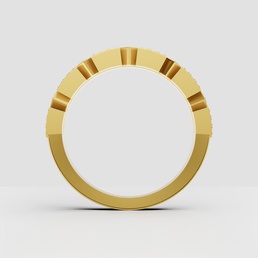 Geometric diamond eternity band featuring round brilliant stones