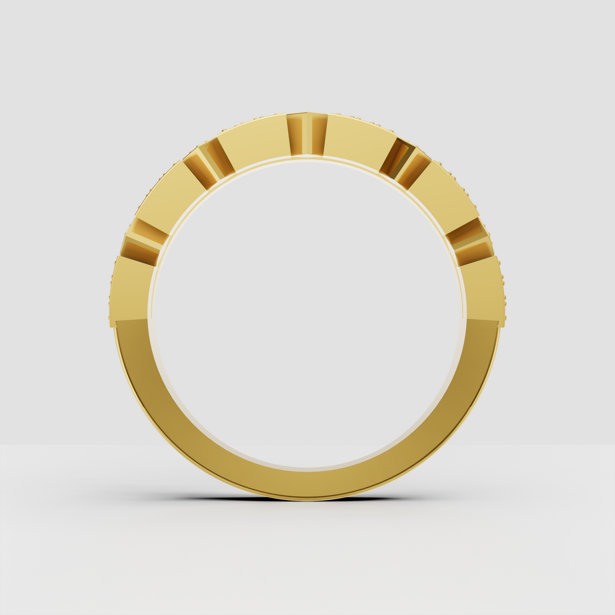 Geometric diamond eternity band featuring round brilliant stones