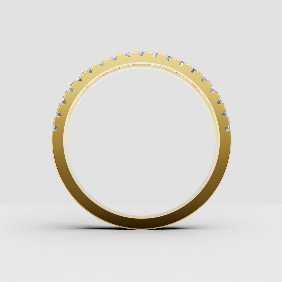 Elegant round diamond wedding band with detailed yellow gold setting