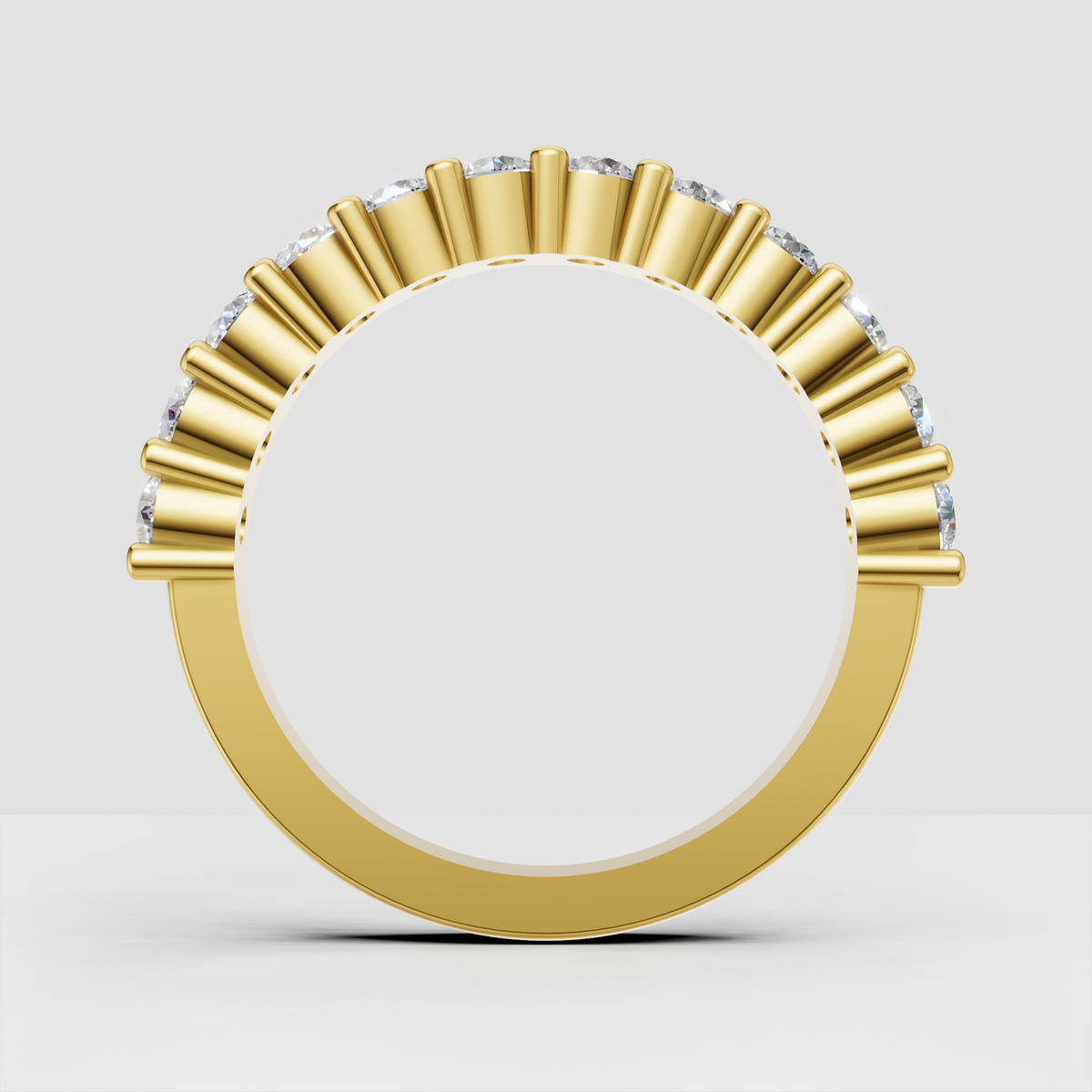 Gold half eternity band featuring round brilliant diamonds