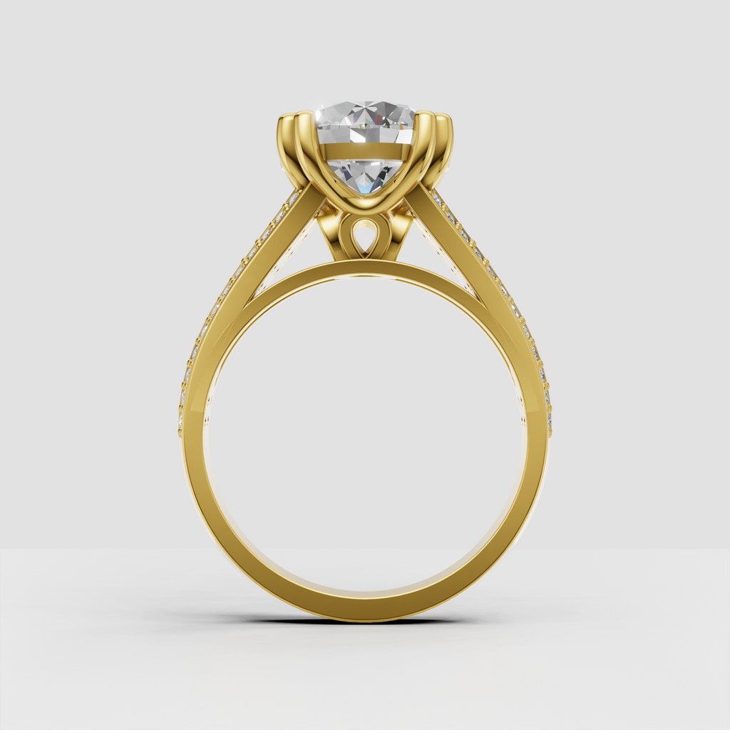 Round diamond engagement ring with crossover split shank design
