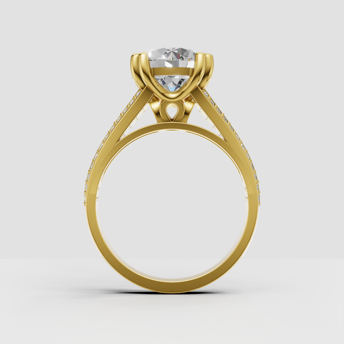 Round diamond engagement ring with crossover split shank design