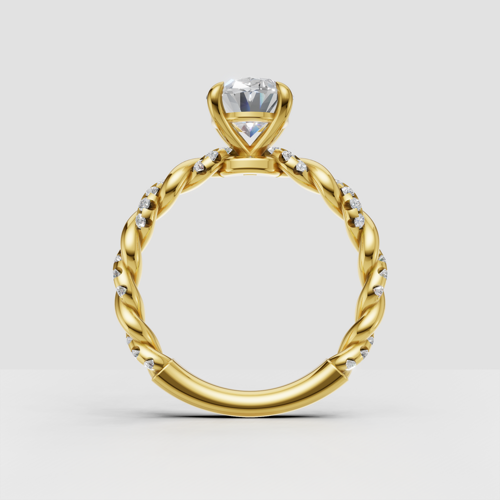 Luxury oval diamond twisted band engagement ring in polished yellow gold