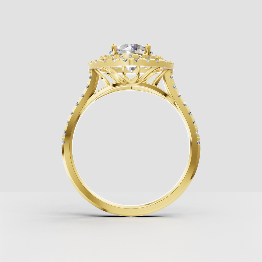Round cut diamond ring with two concentric diamond halos