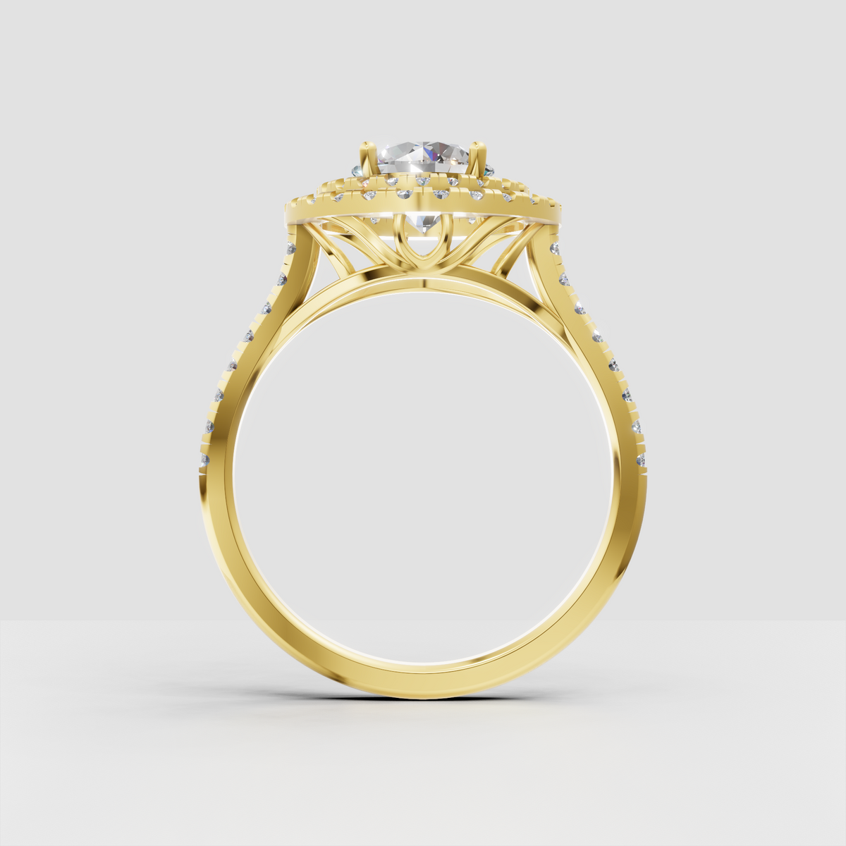 Round cut diamond ring with two concentric diamond halos