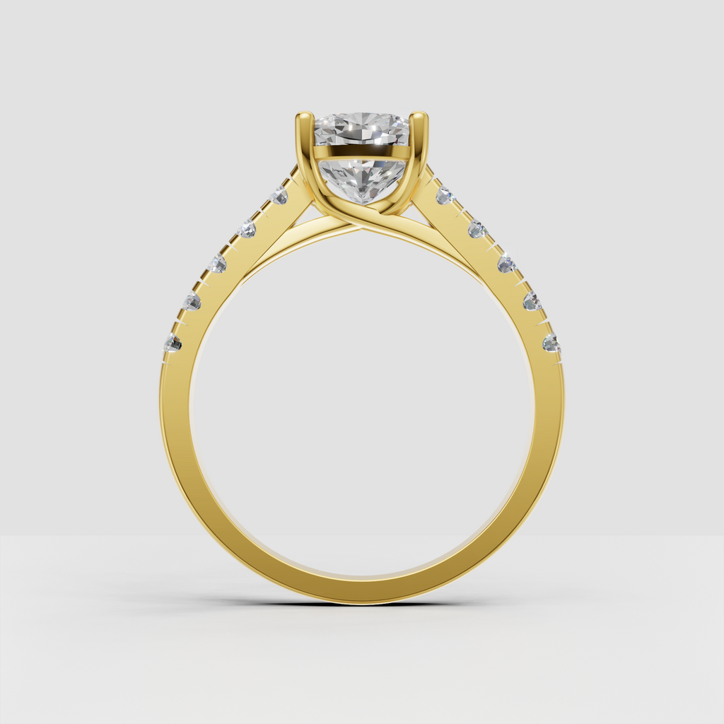 Yellow gold cushion engagement ring with sparkling side diamonds