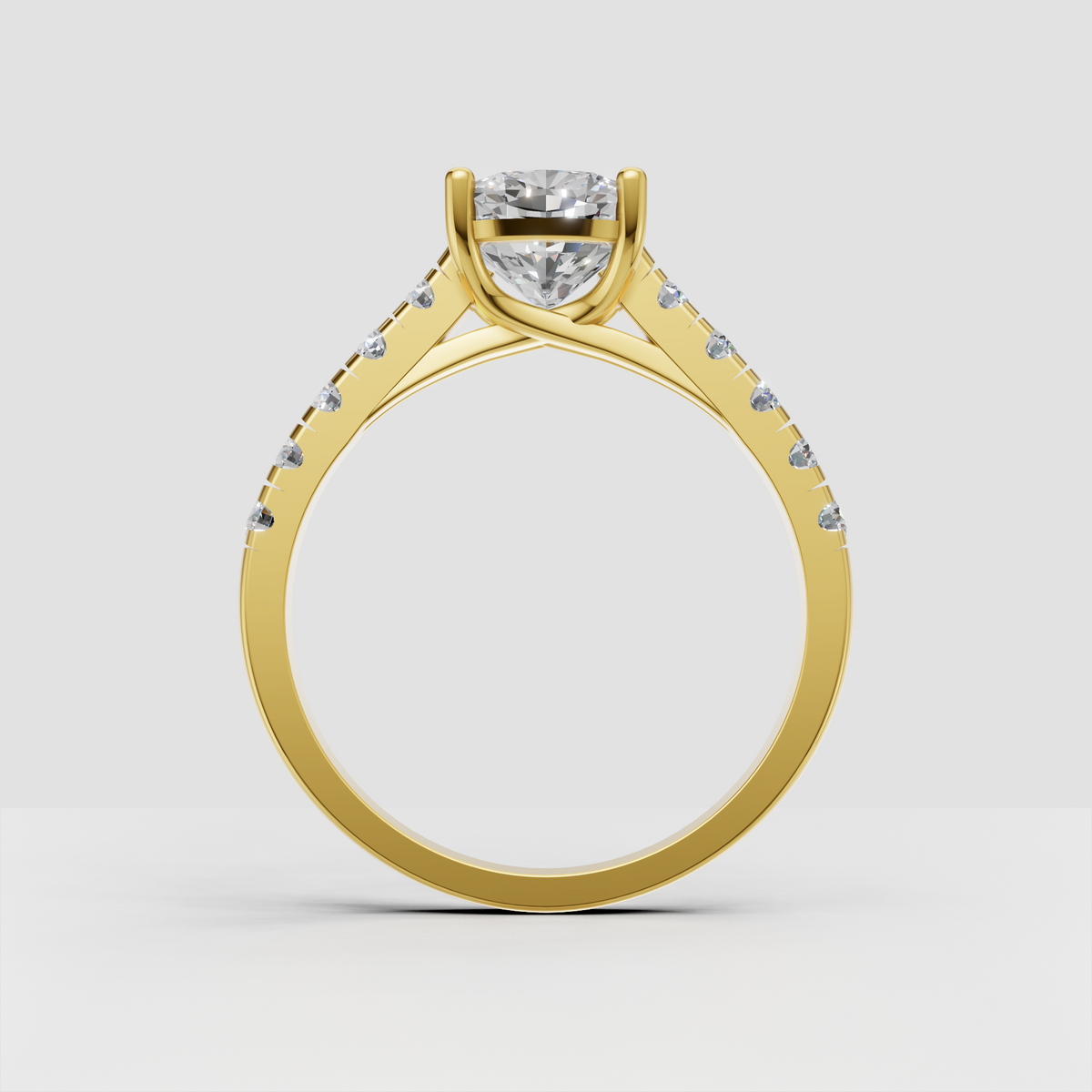 Yellow gold cushion engagement ring with sparkling side diamonds