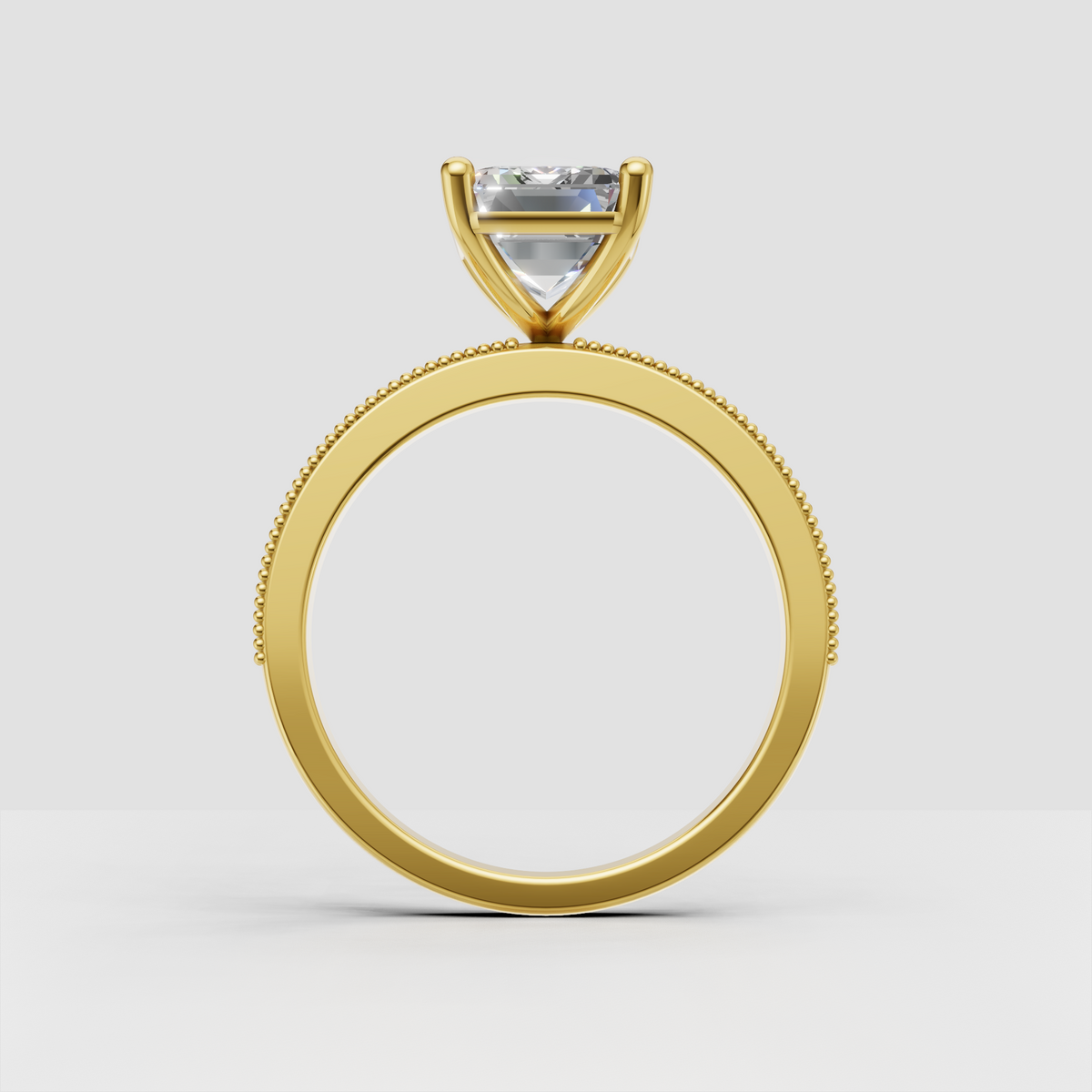 Emerald cut center Diamond cathedral ring with pavé side stones