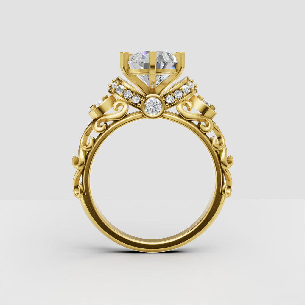 Pear cut engagement ring with decorative multi-prong setting and filigree band